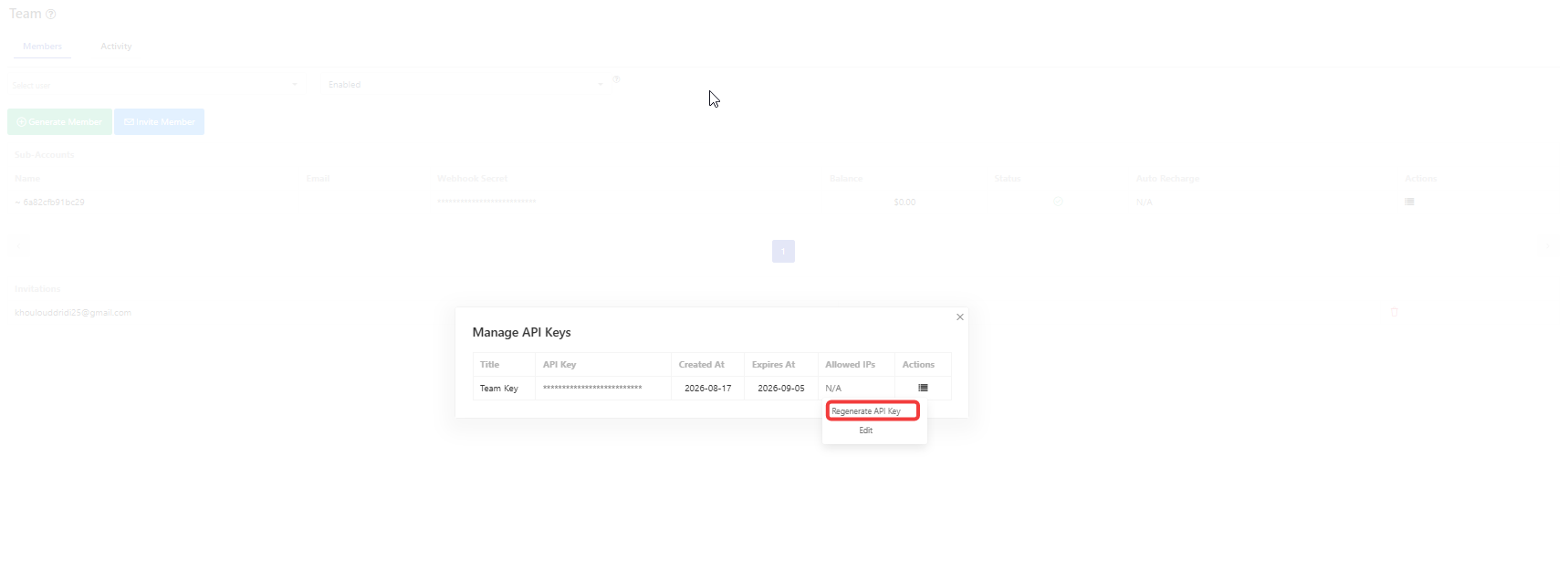 API Keys screen showing Created At, Expires At, and Allowed IPs columns