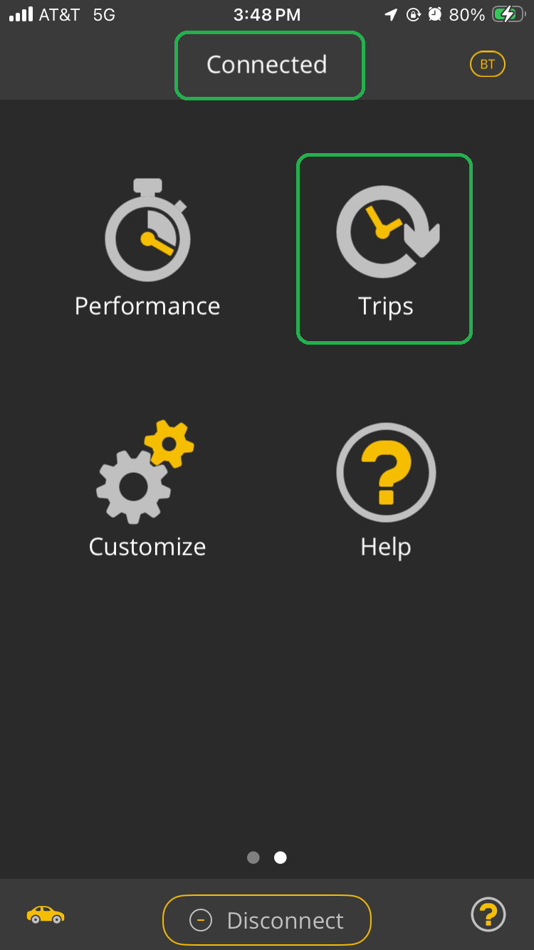 iOS App second page. Connected and the Trips icon are both highlighted.