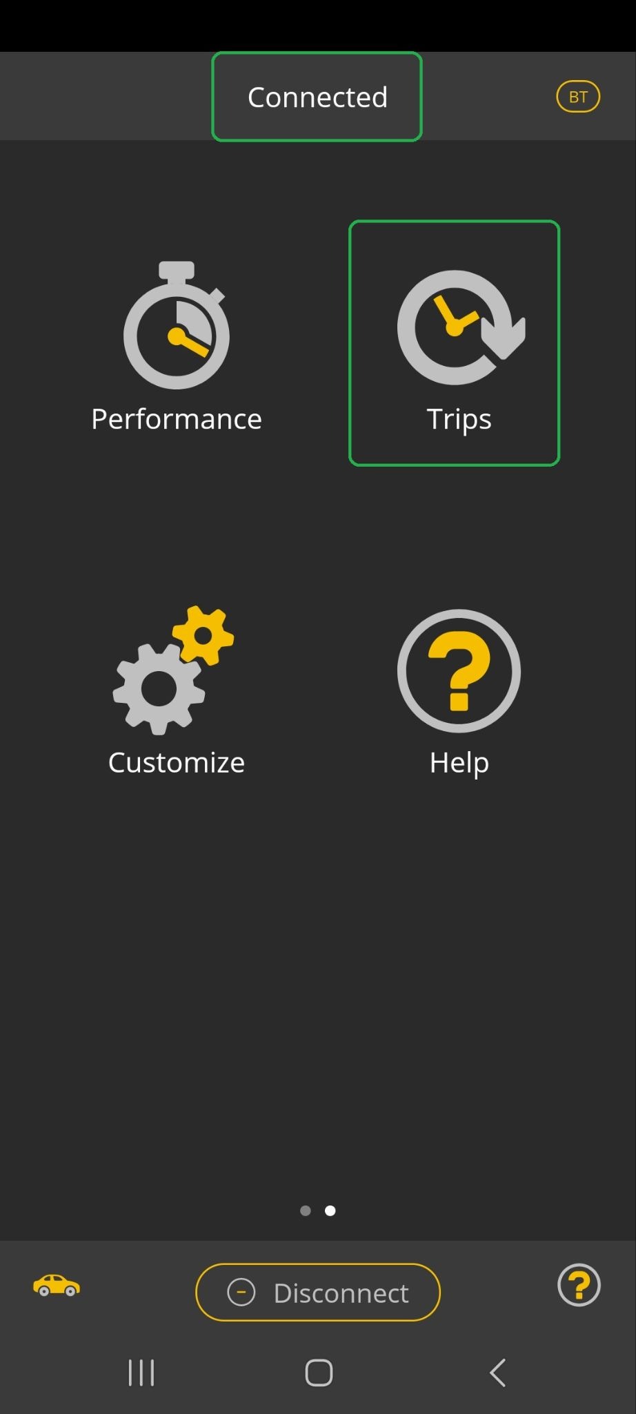 Android App second page. Connected and the Trips icon are both highlighted.
