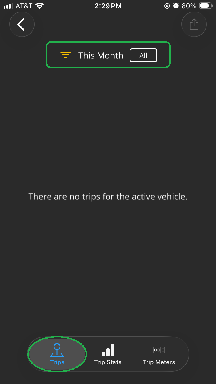 iOS screen showing the Trips tab default view. The filter options at the top of the screen are highlighted. The Trips tab is also highlighted.
