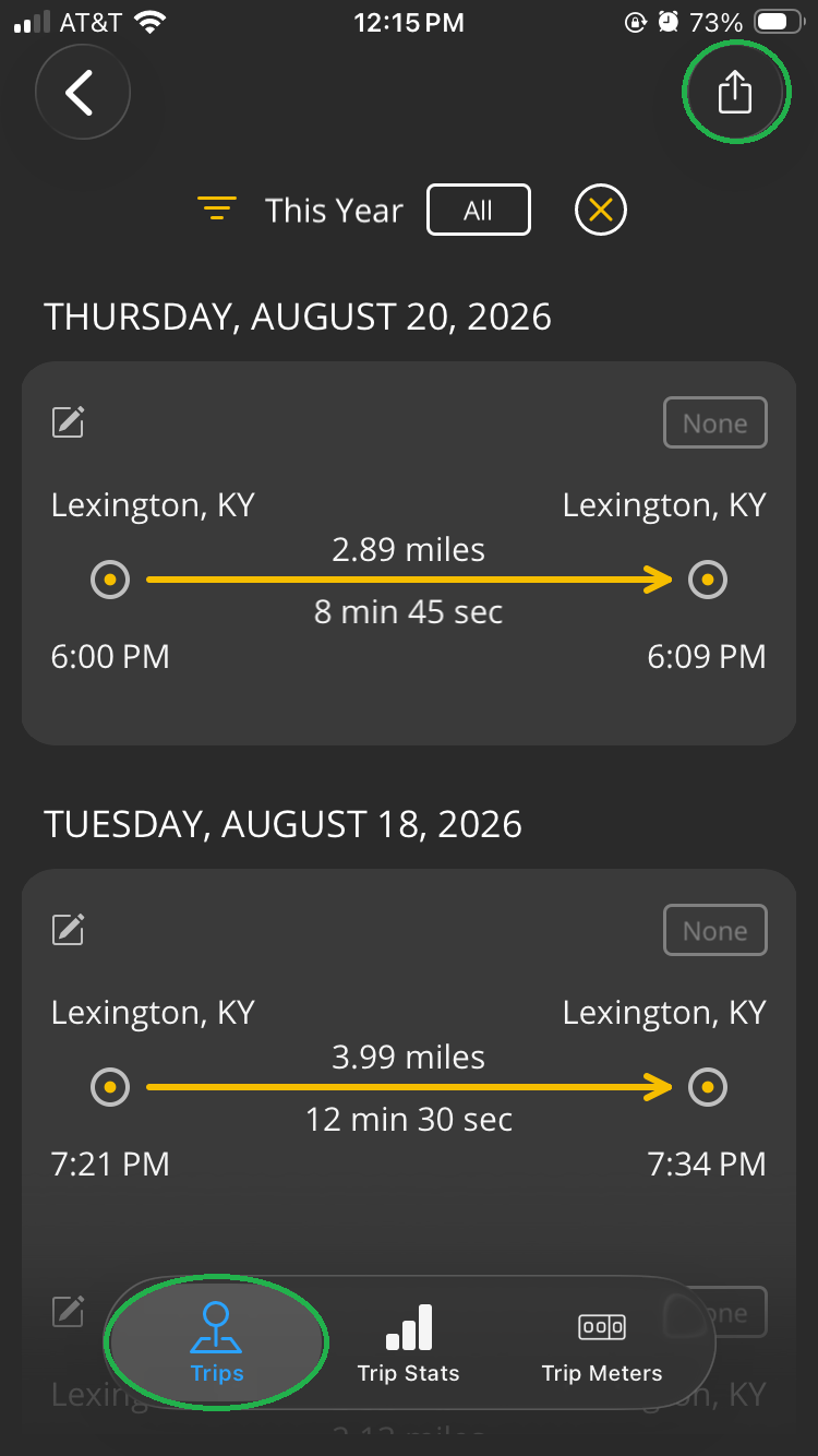 iOS screen showing a list of completed trips. The share icon is highlighted in the upper right corner. The Trips tab is also highlighted.