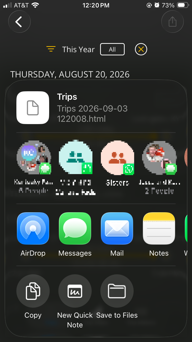 iOS screen showing different ways to share the Trips HTML file.