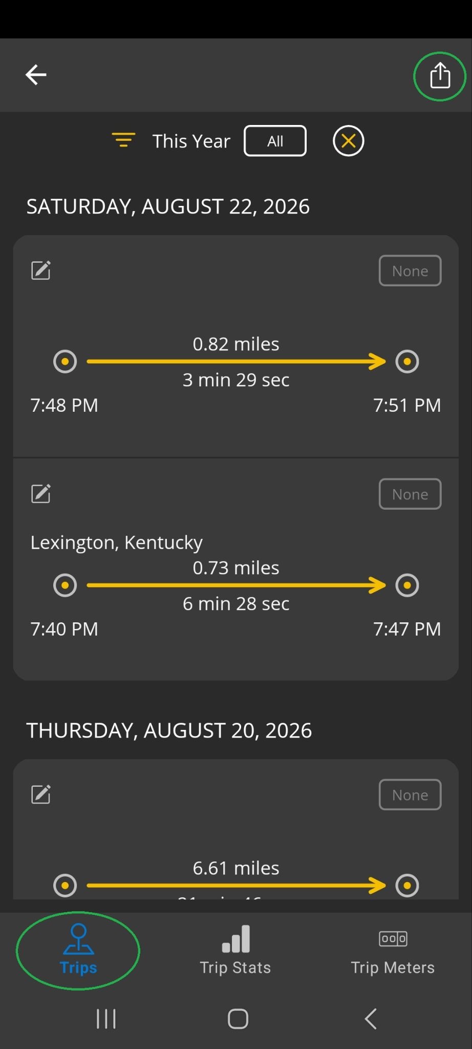 Android screen showing a list of completed trips. The share icon is highlighted in the upper right corner. The Trips tab is also highlighted.