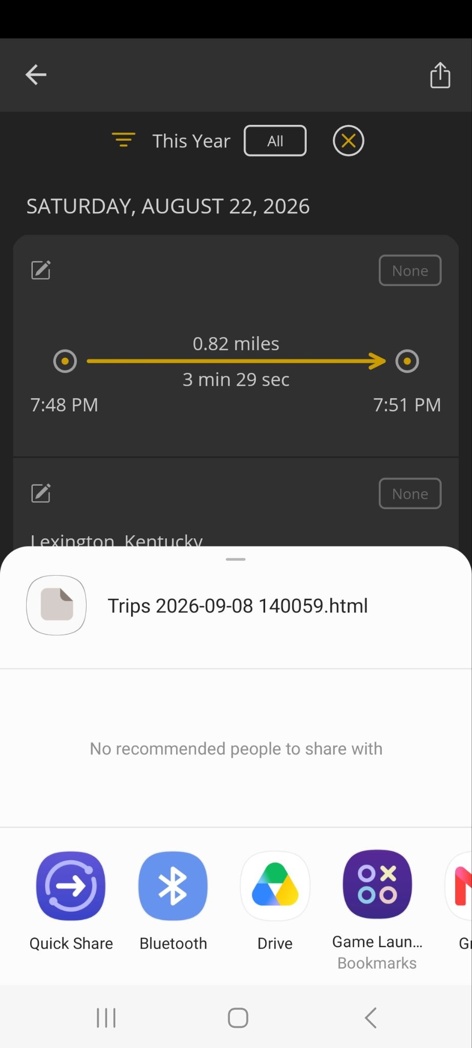 Android screen showing different ways to share the Trips HTML file.