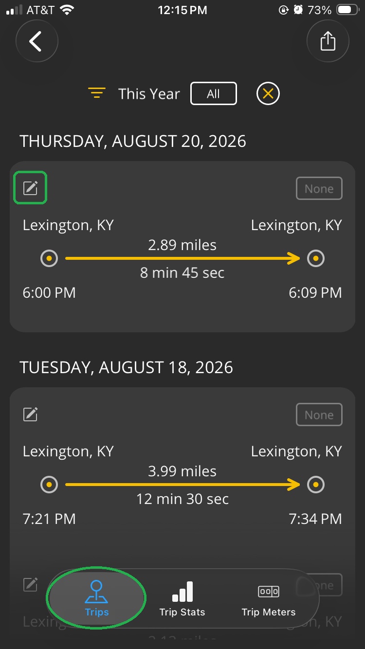 iOS screen showing a list of completed trips. The Notes icon is highlighted. The Trips tab is also highlighted.
