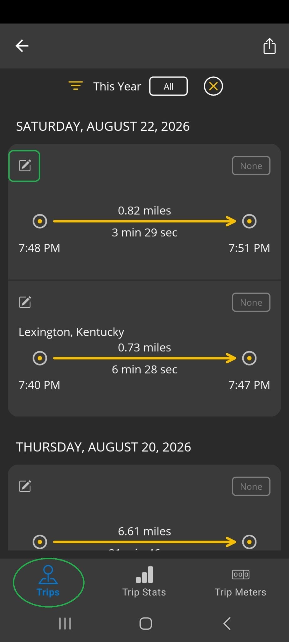 Android screen showing a list of completed trips. The Notes icon is highlighted. The Trips tab is also highlighted.