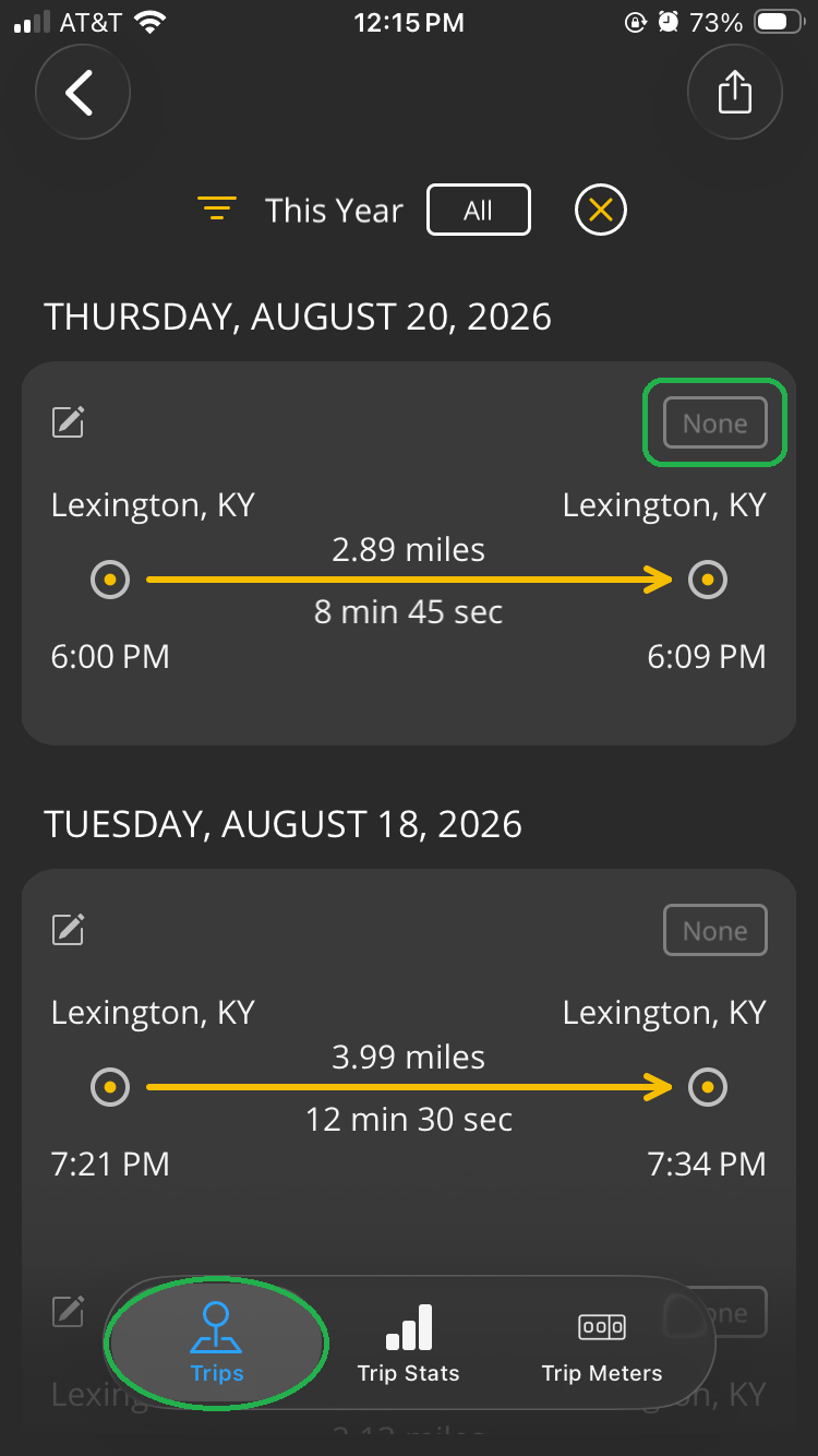 iOS screen showing a list of completed trips. The Tag icon is highlighted. The Trips tab is also highlighted.