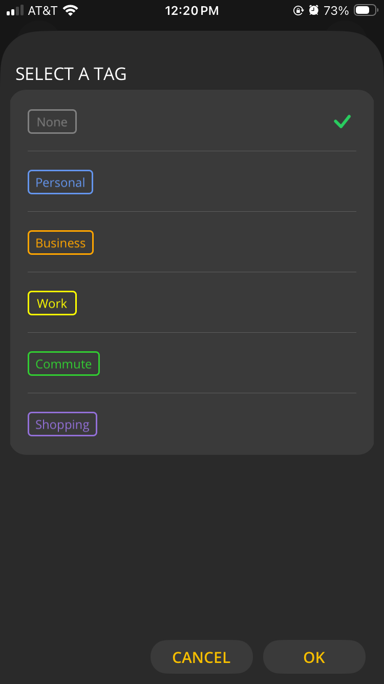 iOS screen showing a list of Tag options.