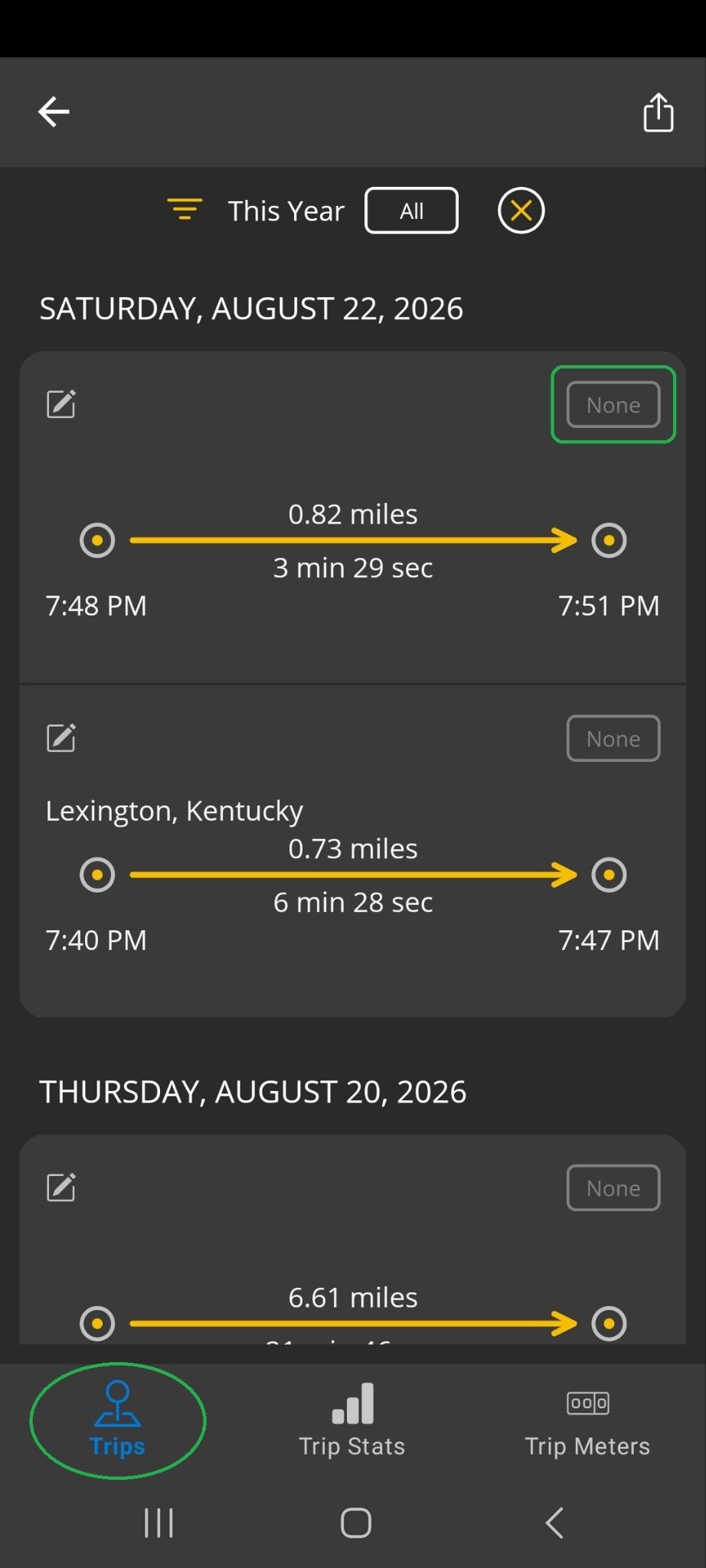 Android screen showing a list of completed trips. The Tag icon is highlighted. The Trips tab is also highlighted.