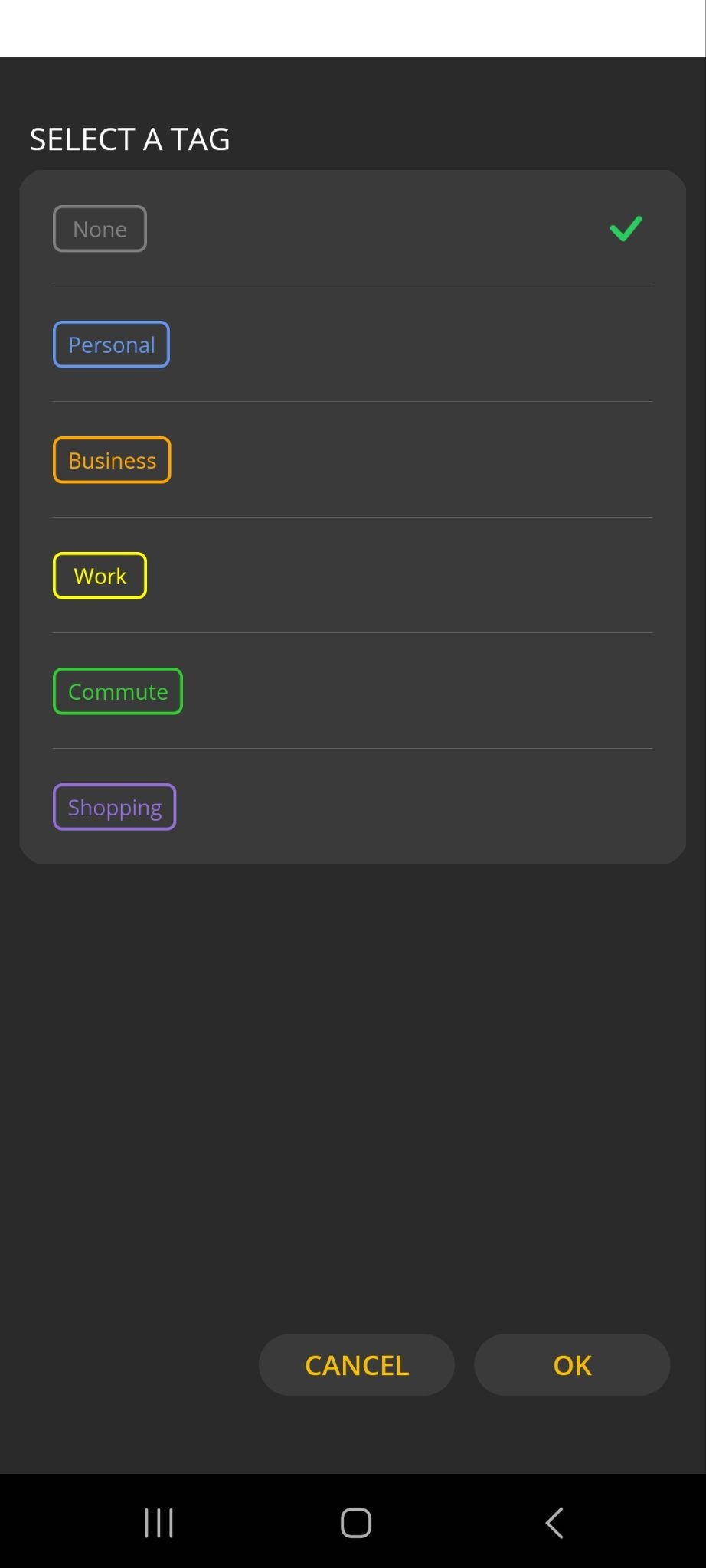 Android screen showing a list of Tag options.