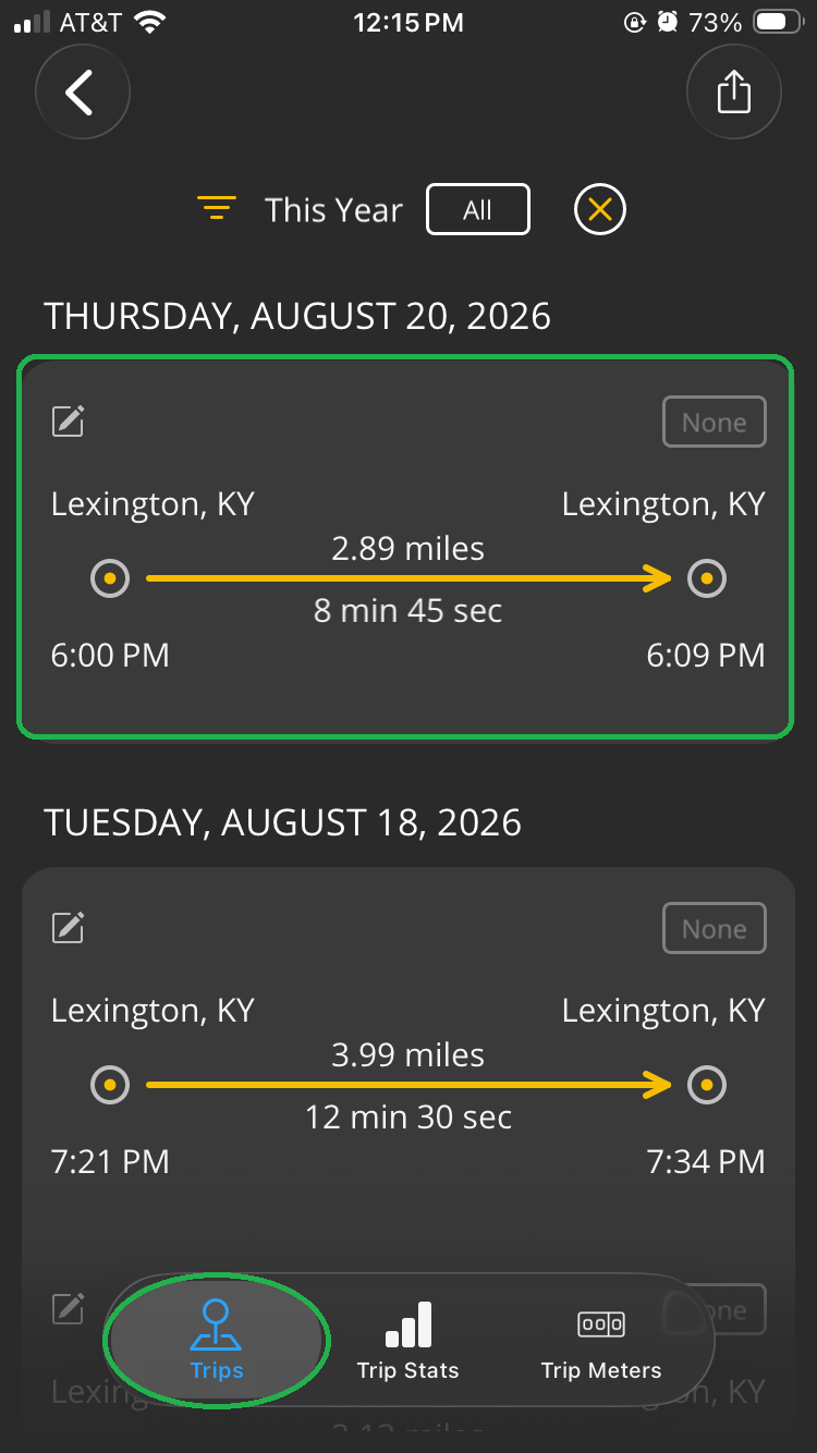 iOS screen showing a list of completed trips. The details area for one trip is highlighted. The Trips tab is also highlighted.