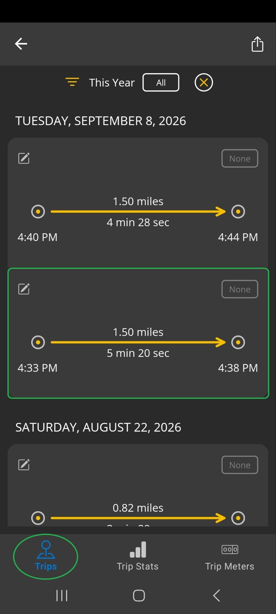 Android screen showing a list of completed trips. The details area for one trip is highlighted. The Trips tab is also highlighted.
