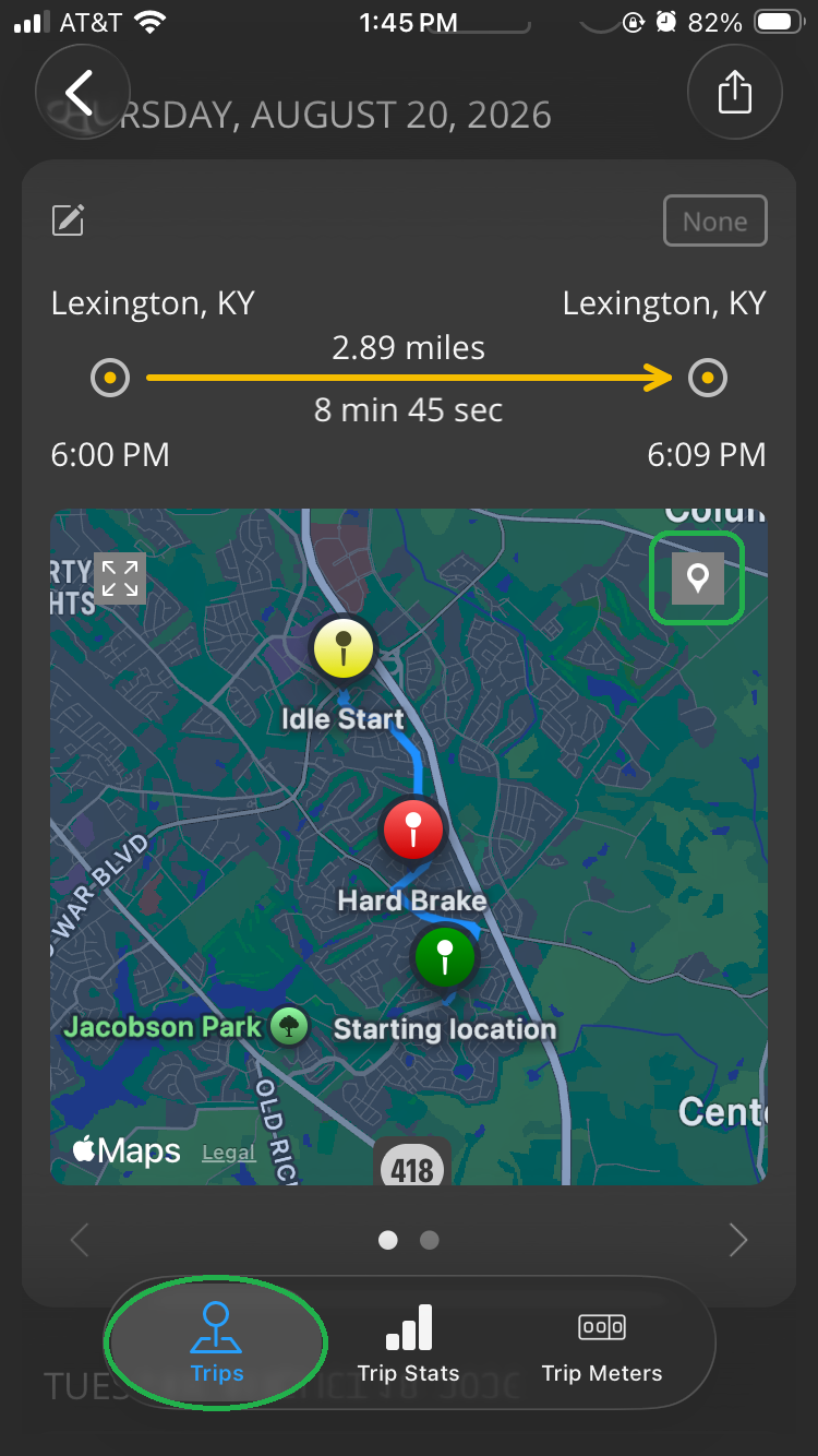 iOS screen showing a completed trip. The pin icon is highlighted. The Trips tab is also highlighted.