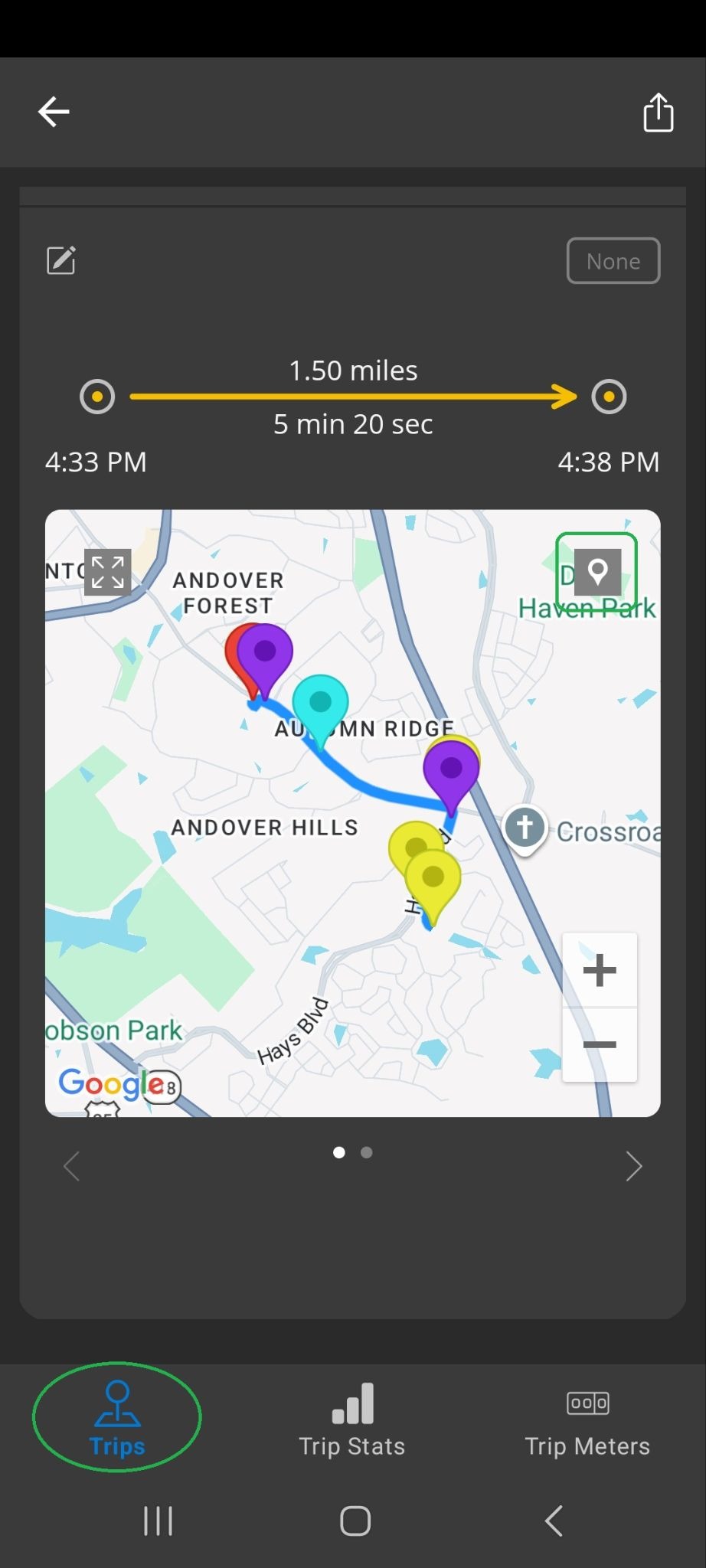 Android screen showing a completed trip. The pin icon is highlighted. The Trips tab is also highlighted.