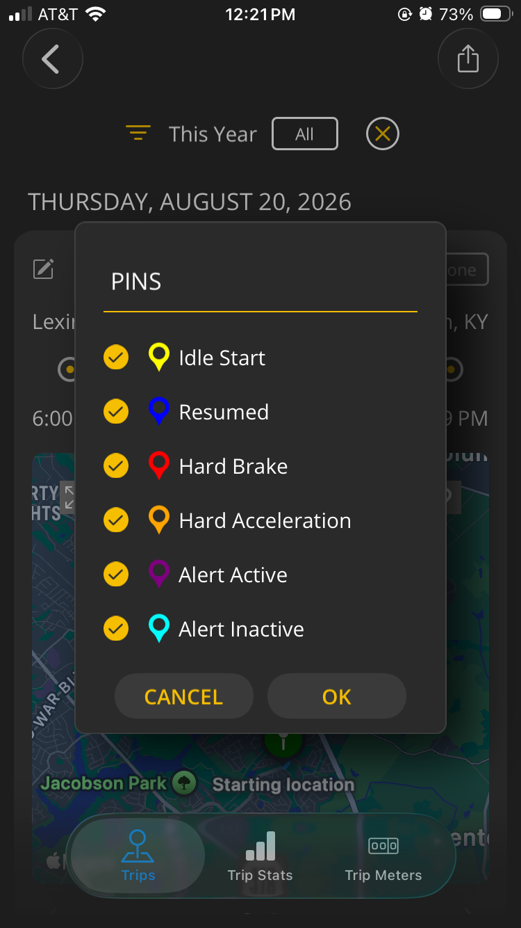 iOS Pins screen showing a list of pin descriptions. All of the pins are checked (default setting).
