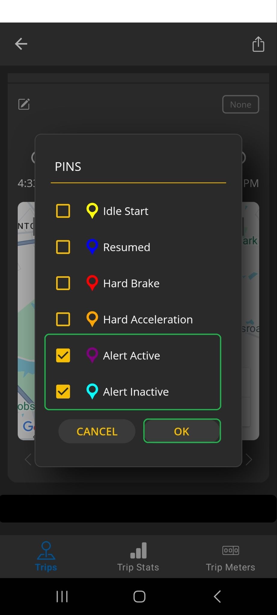 Android Pins screen showing a list of pin descriptions. The pins for Alert Active and Alert Inactive are checked and highlighted. The OK button is also highlighted.
