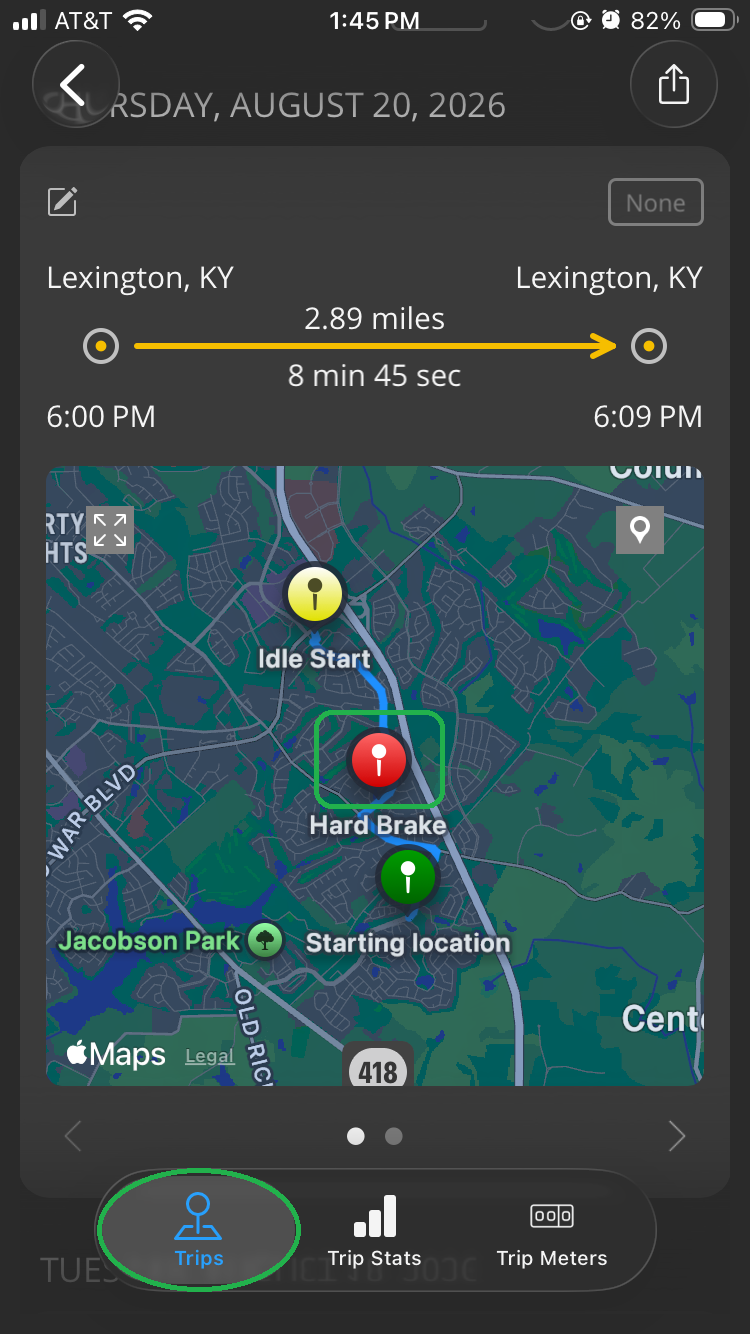 iOS Trip screen showing part of a trip. The Hard Brake pin icon is highlighted on the map. The Trips tab is also highlighted.