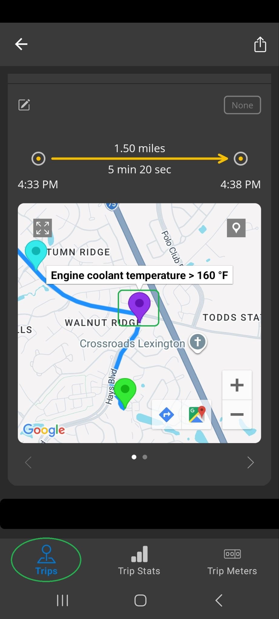 Android Trip screen showing part of a trip. One Alert Active pin icon is highlighted on the map. The Trips tab is also highlighted.