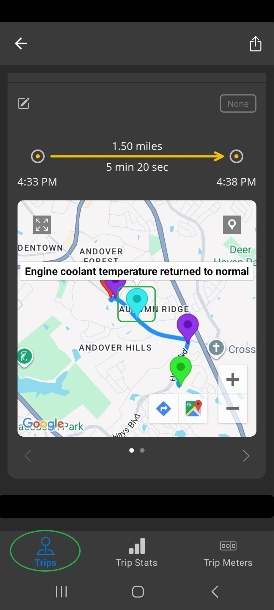 Android Trip screen showing part of a trip. One Alert Inactive pin icon is highlighted on the map. The Trips tab is also highlighted.