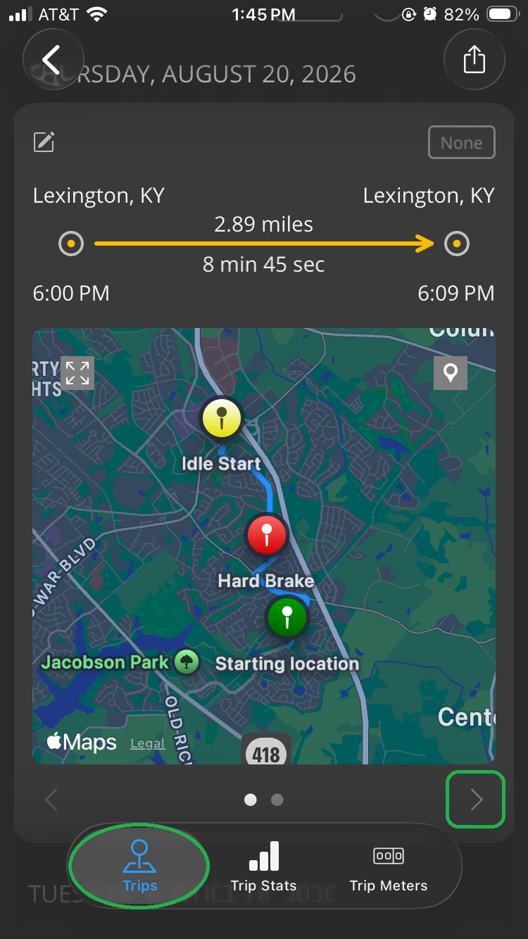 iOS screen showing details for a completed trip, including a trip map. The forward arrow is highlighted. The Trips tab is also highlighted.