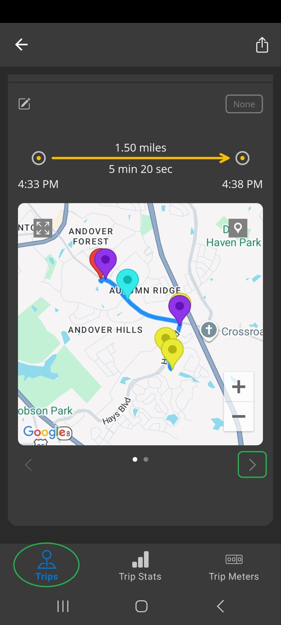 Android screen showing details for a completed trip, including a trip map. The forward arrow is highlighted. The Trips tab is also highlighted.