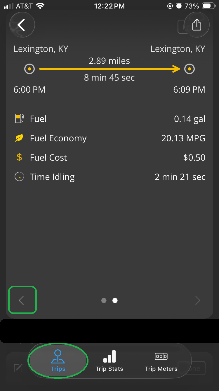 iOS screen showing details for a completed trip, including fuel usage details. The back arrow is highlighted. The Trips tab is also highlighted.