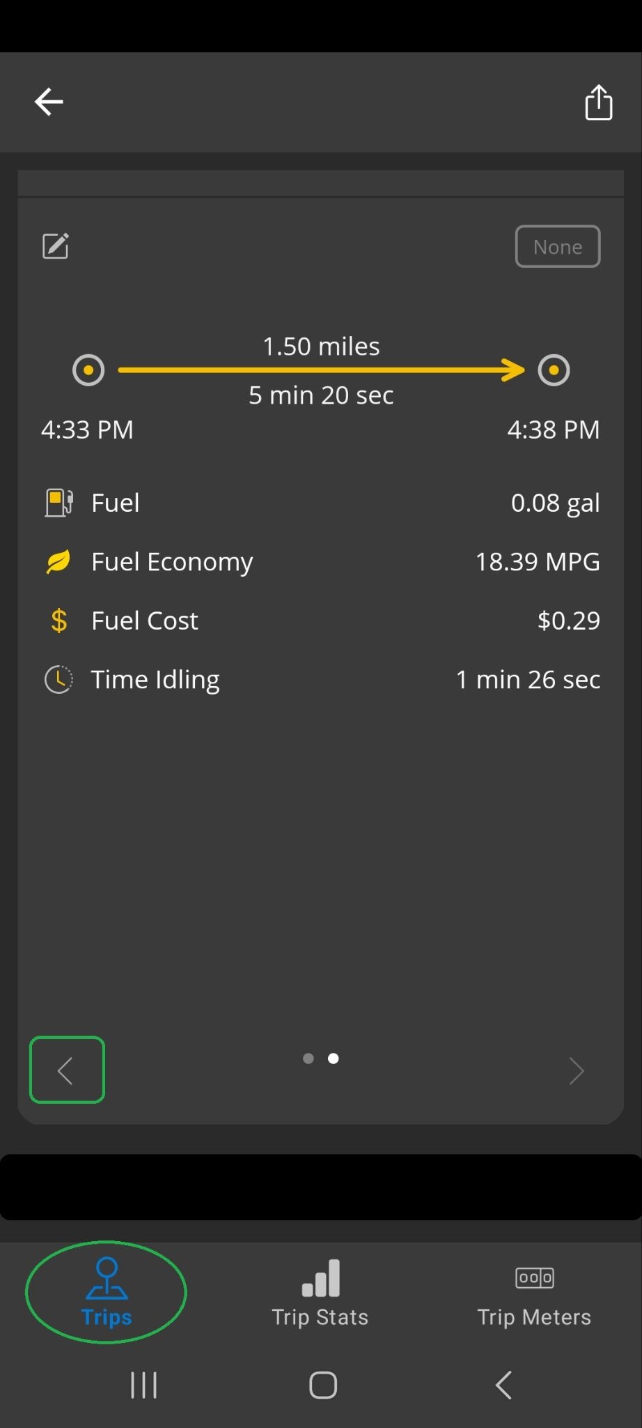 Android screen showing details for a completed trip, including fuel usage details. The back arrow is highlighted. The Trips tab is also highlighted.