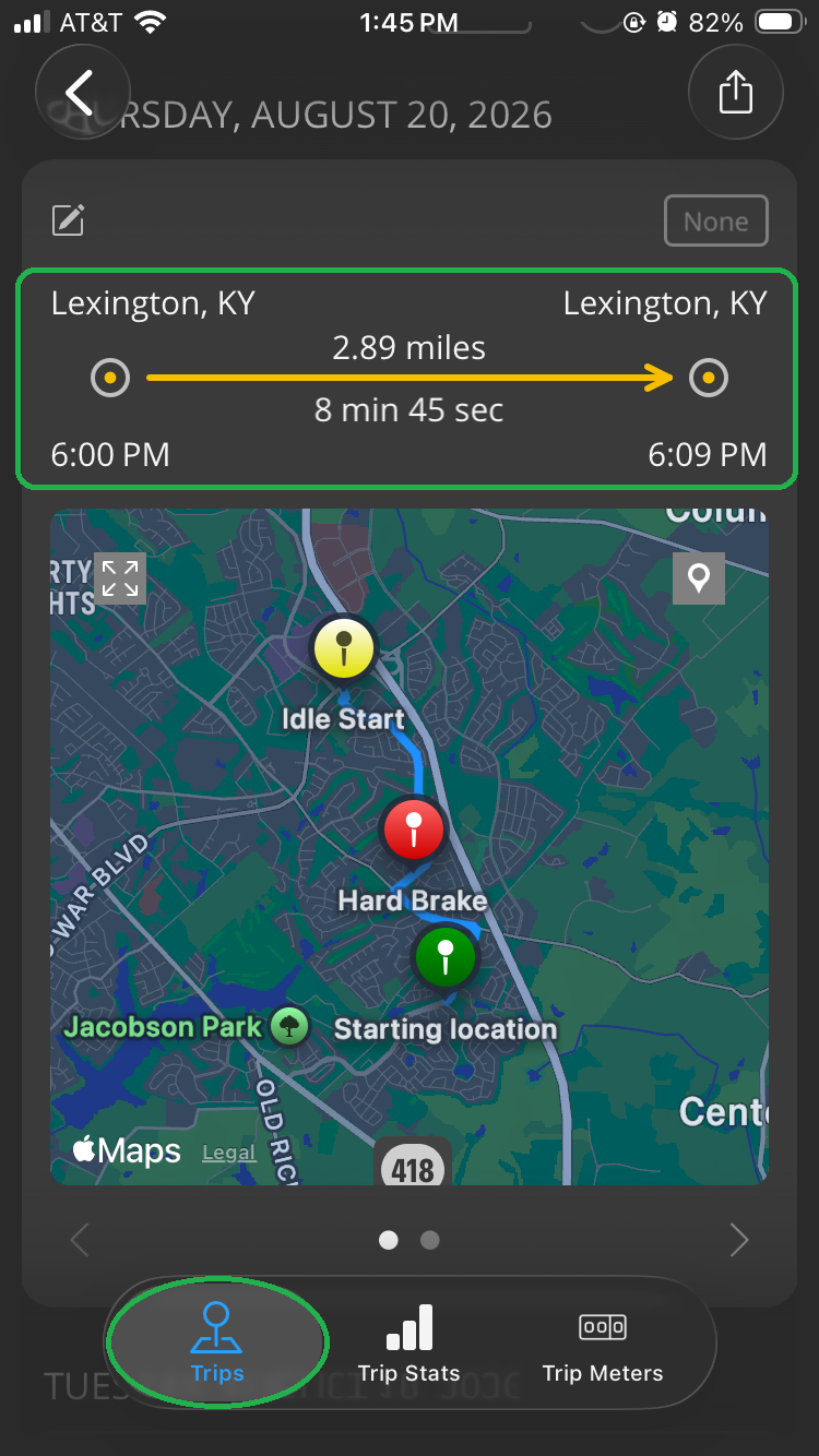 iOS screen showing details for a completed trip. The details area for the trip is highlighted. The Trips tab is also highlighted.
