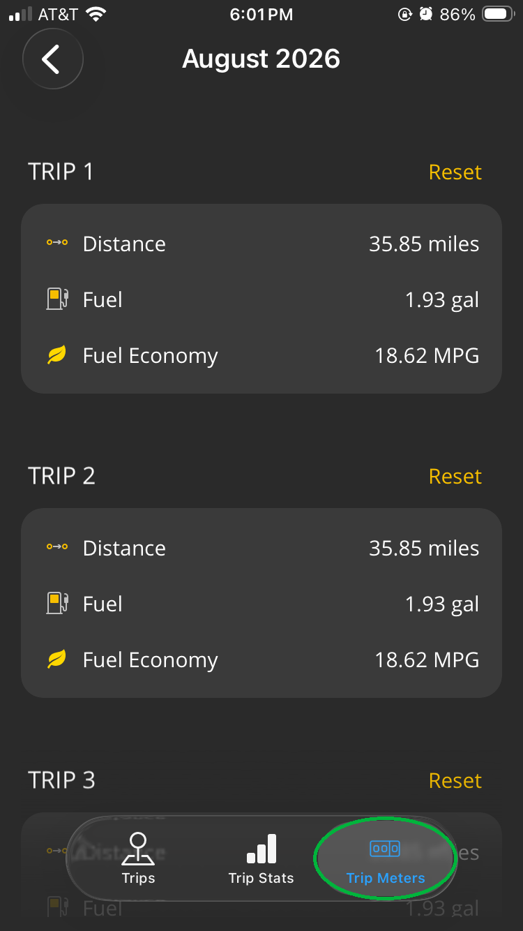 iOS Trips screen showing the Trip Meters tab.