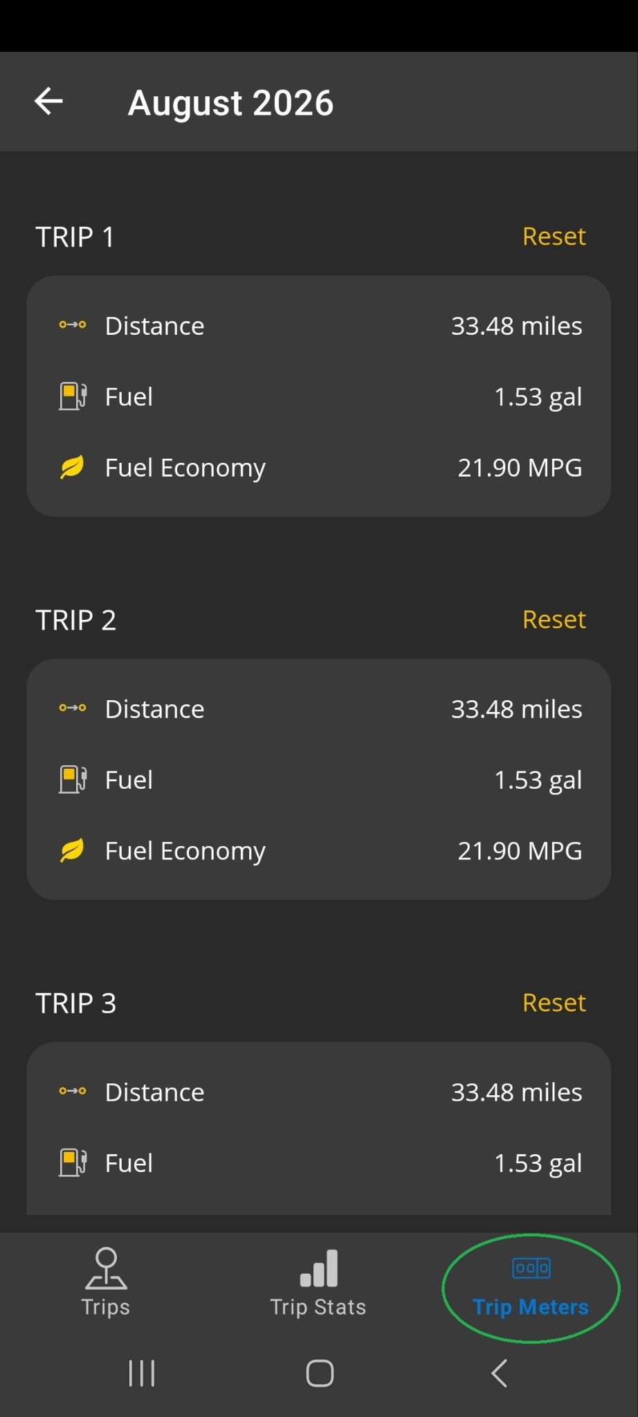 Android Trips screen showing the Trip Meters tab.
