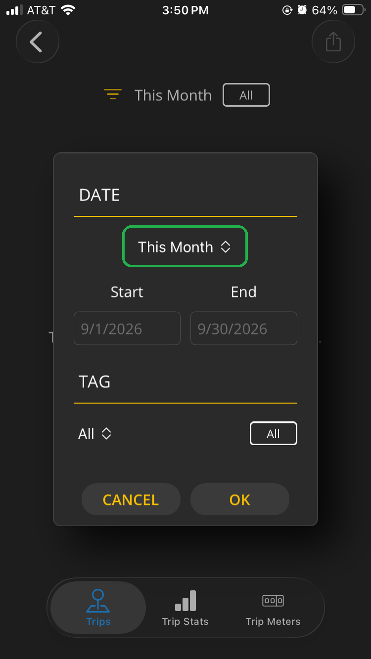 iOS screen showing Trip filter options. The Date option "This Month" is highlighted.