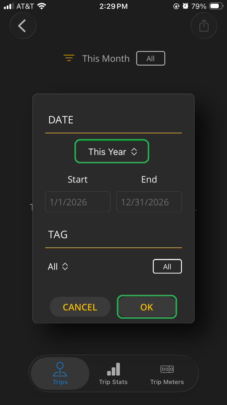 iOS screen showing Trip filter options. The Date option "This Year" is highlighted. The OK button is also highlighted.
