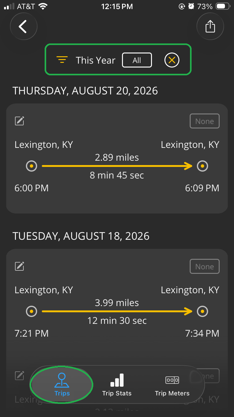 iOS screen showing a list of completed trips. The filter options at the top of the list are highlighted. The Trips tab is also highlighted.