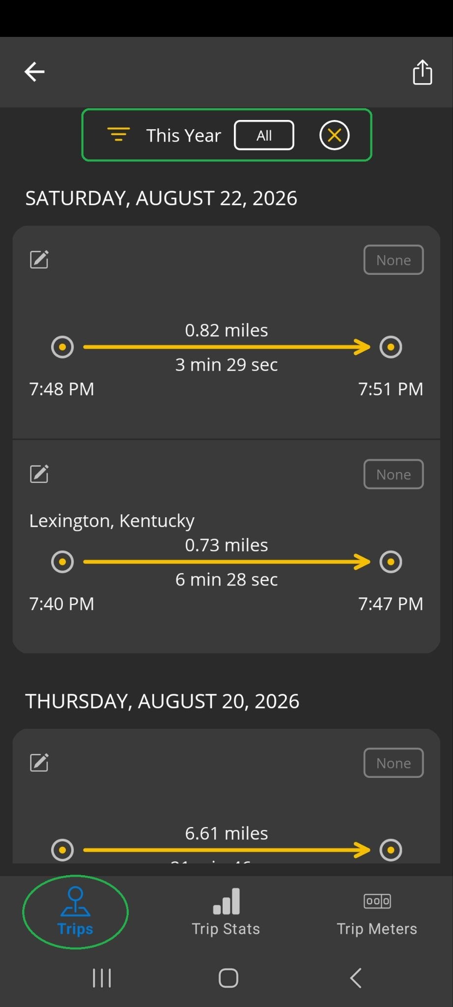 Android screen showing a list of completed trips. The filter options at the top of the list are highlighted. The Trips tab is also highlighted.