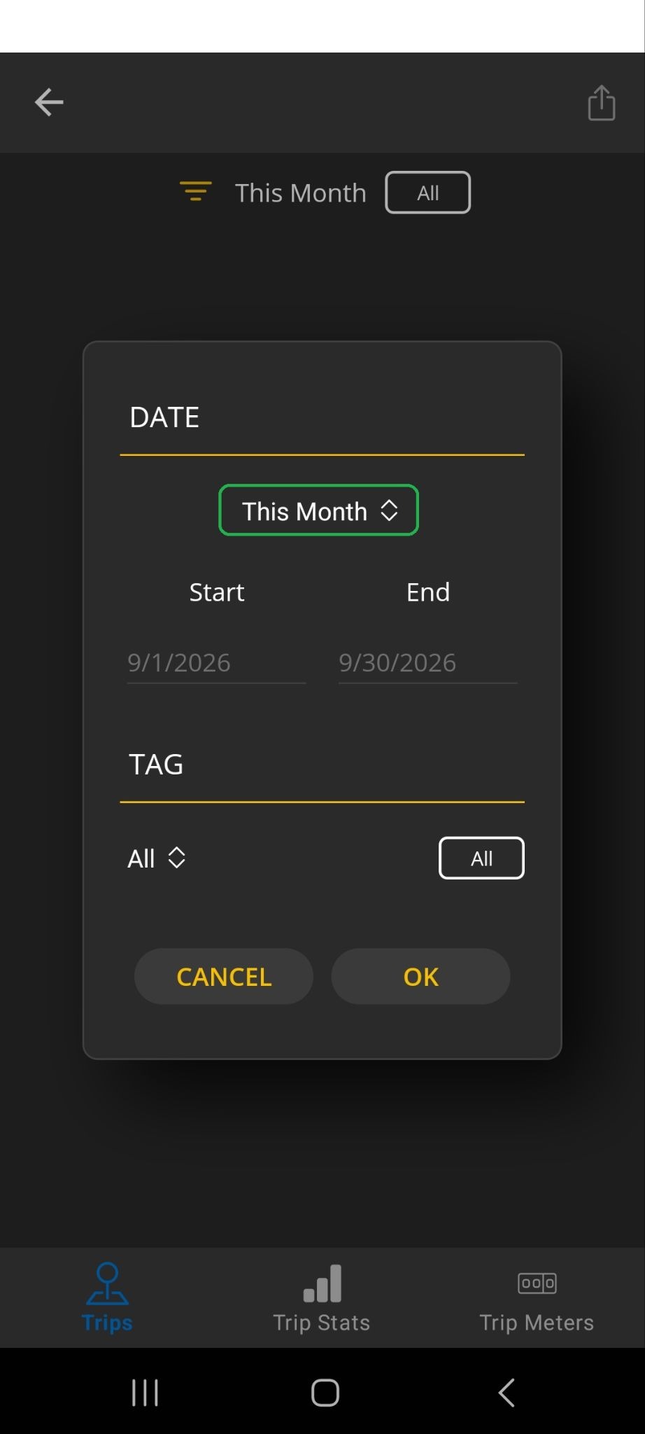 Android screen showing Trip filter options. The Date option "This Month" is highlighted.