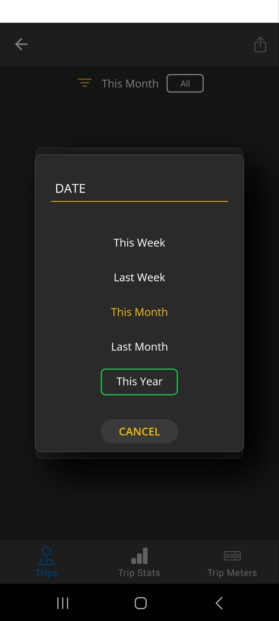 Android screen showing Date filter options. The Date option "This Year" is highlighted.