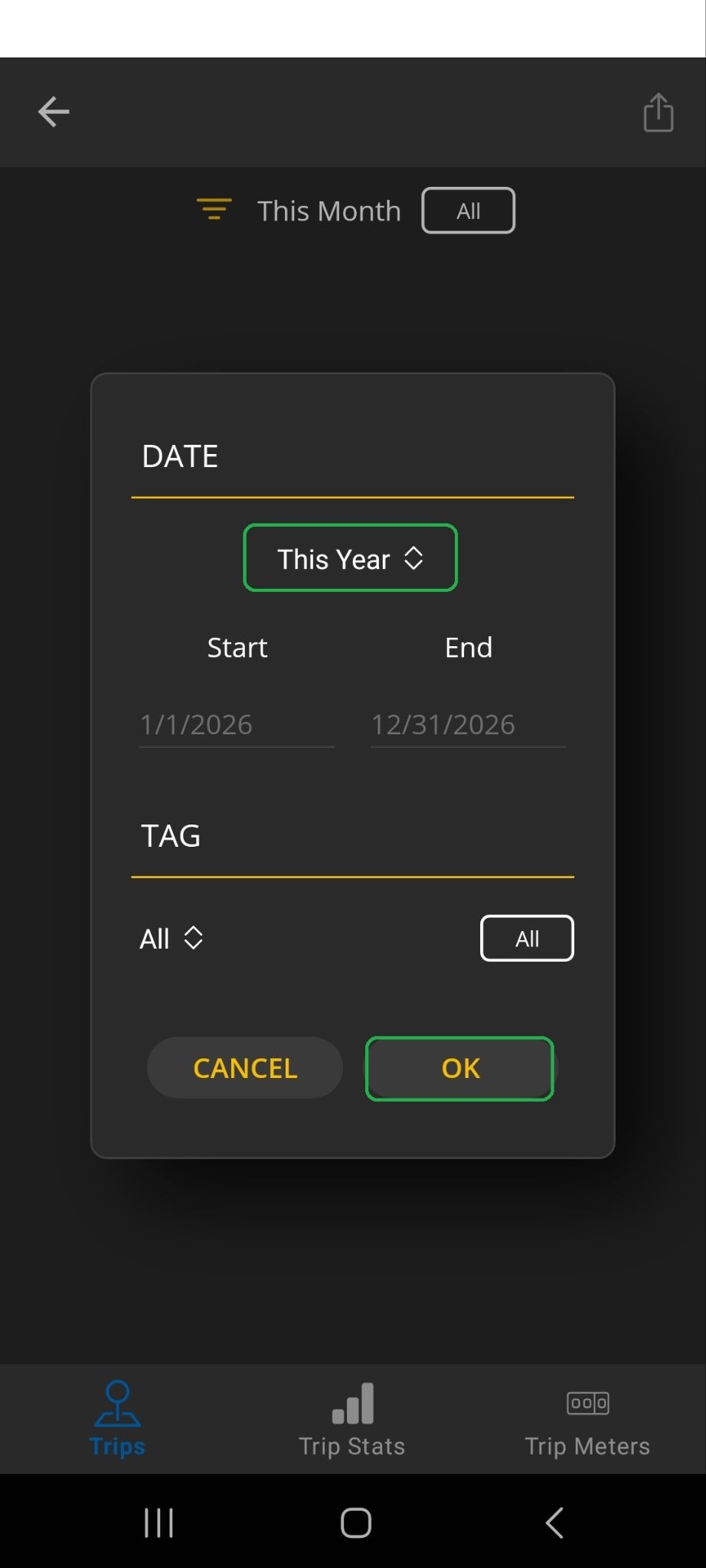 Android screen showing Trip filter options. The Date option "This Year" is highlighted. The OK button is also highlighted.