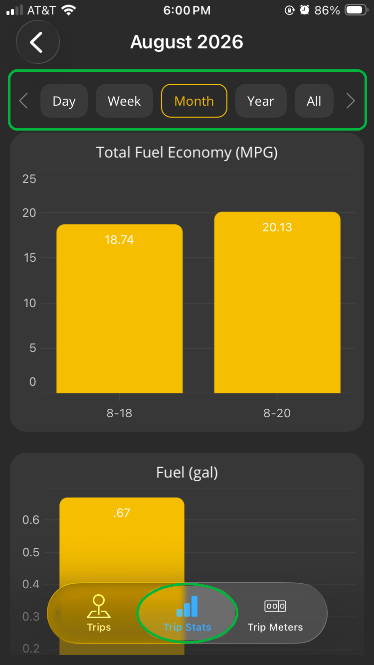 iOS screen showing the Trips Stats tab. The Time Period selector at the top of the screen is highlighted. The Trip Stats tab is also highlighted.