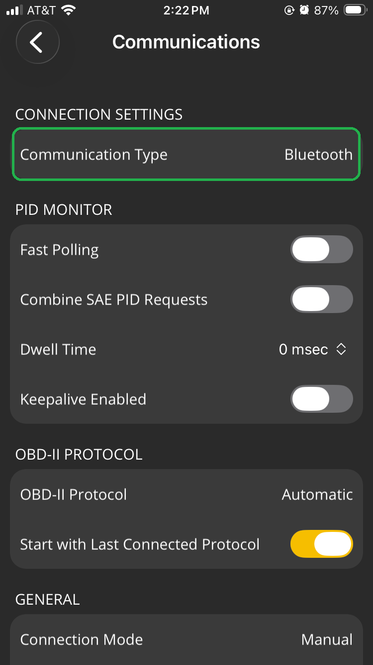 iOS screen highlighting the Communication Type setting.