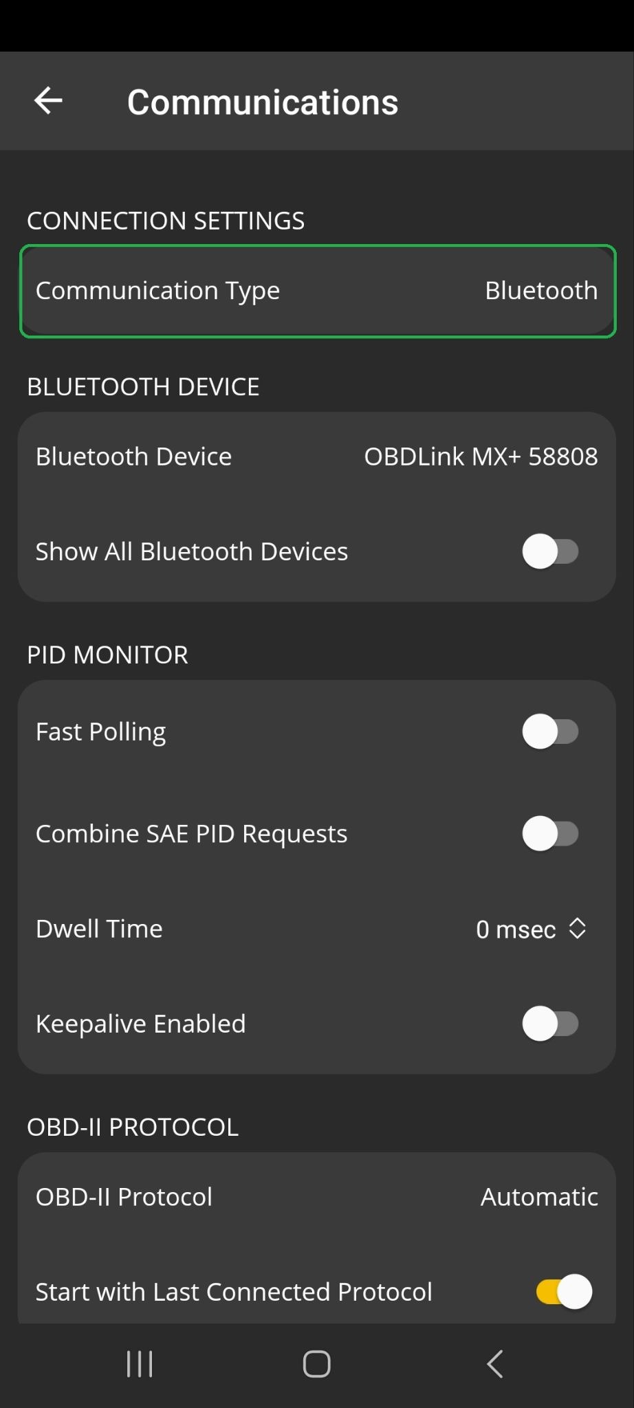 Android screen highlighting the Communication Type setting.