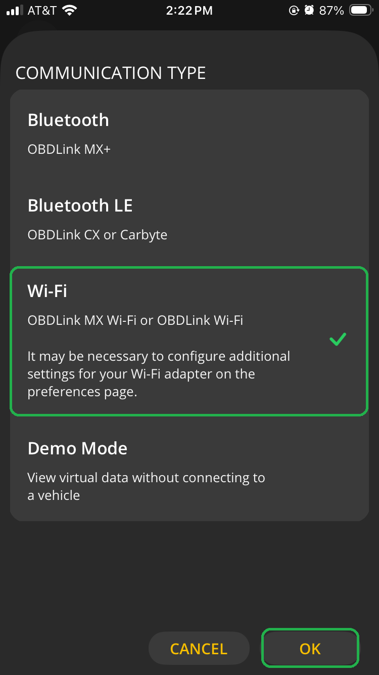iOS screen highlighting the Wi-Fi Type setting. The OK button is also highlighted. 