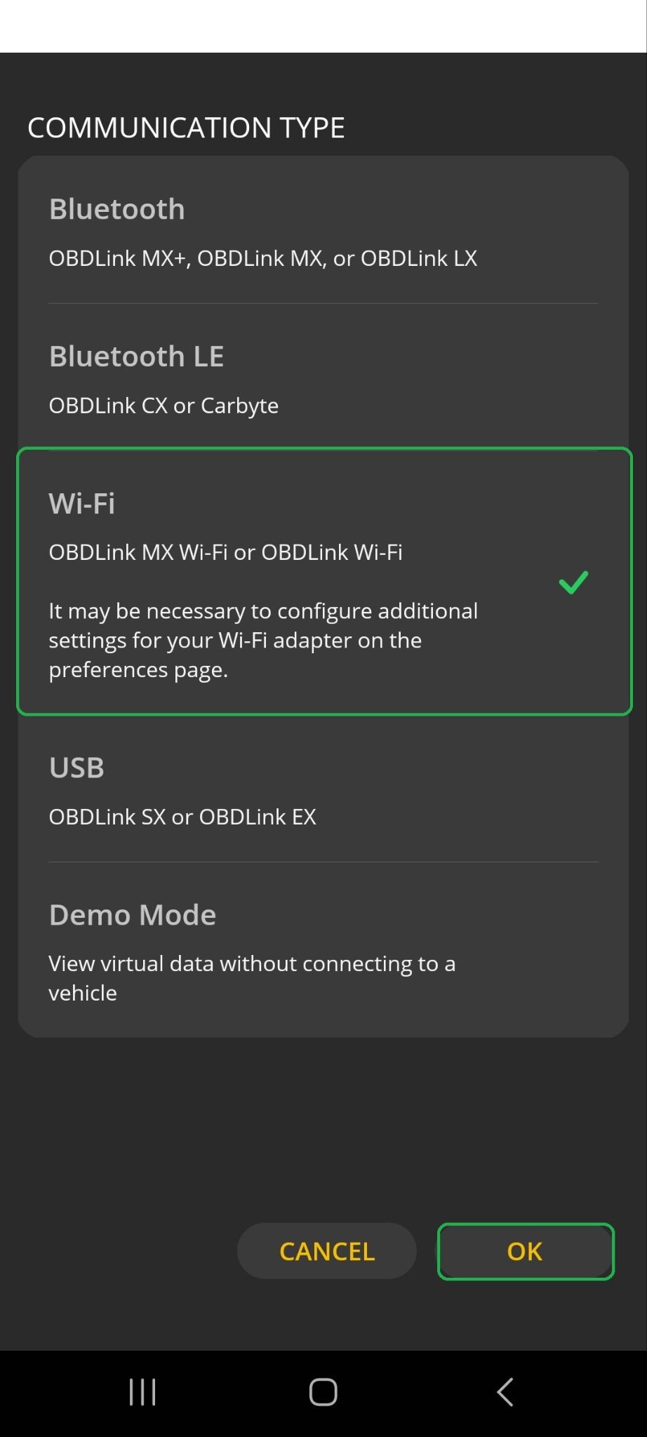 Android screen highlighting the Wi-Fi Type setting. The OK button is also highlighted. 