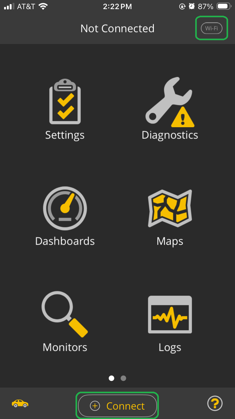 iOS home screen with the Connect button highlighted. Wi-Fi is also highlighted in the upper right corner.