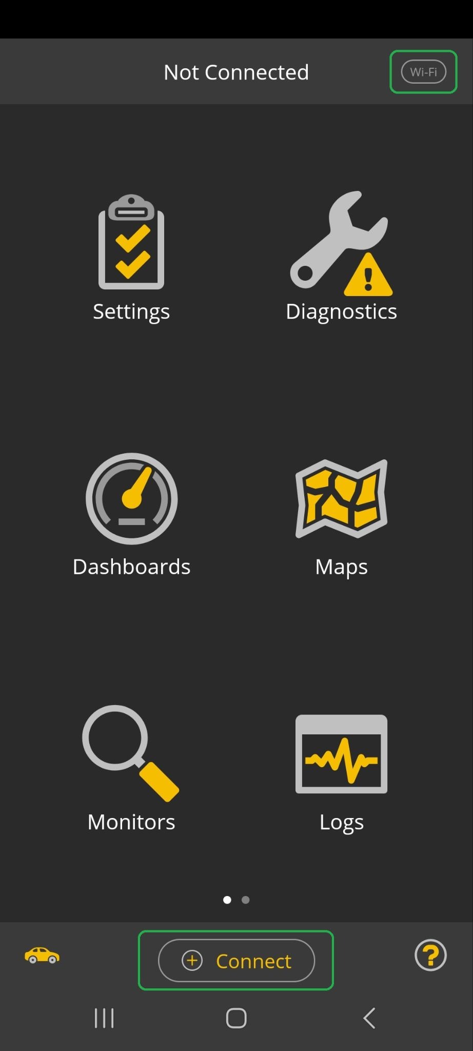 Android home screen with the Connect button highlighted. Wi-Fi is also highlighted in the upper right corner.