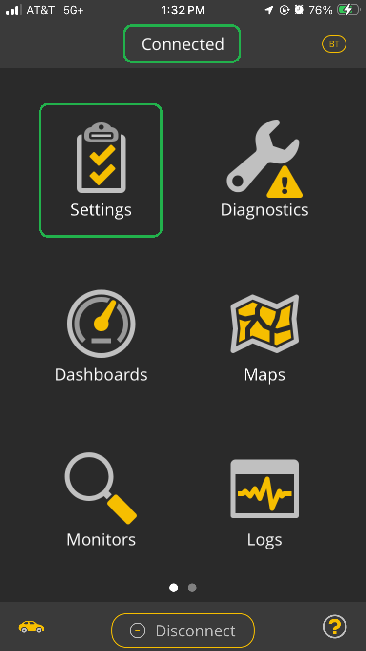 iOS screen showing the OBDLink app. The Connected indicator and the Settings icon are both highlighted.