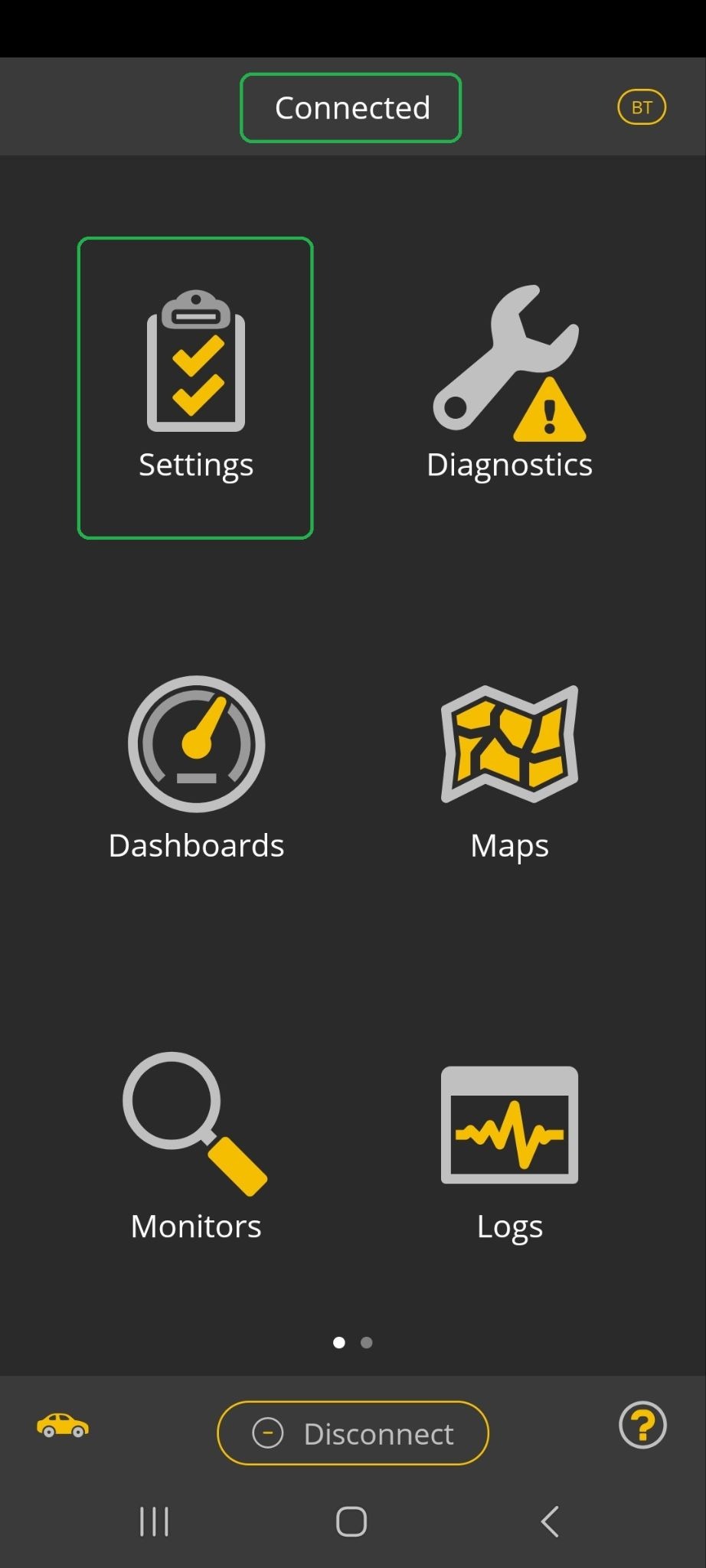 Android screen showing the OBDLink app. The Connected indicator and the Settings icon are both highlighted.