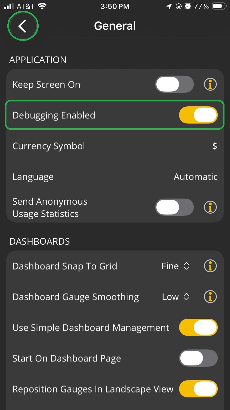 iOS screen showing General Preferences options. The "Debugging Enabled" option is highlighted. The back arrow in the upper left corner is also highlighted.