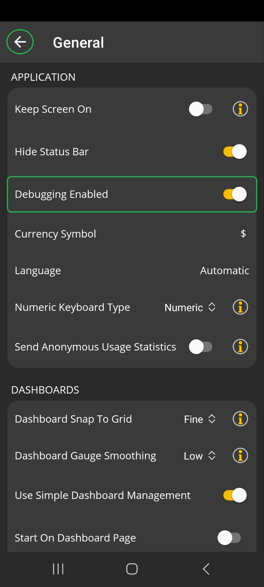 Android screen showing General Preferences options. The "Debugging Enabled" option is highlighted. The back arrow in the upper left corner is also highlighted.