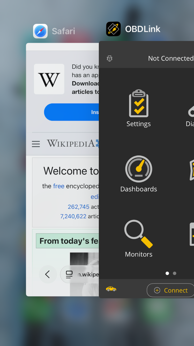 iOS screen showing an app switcher view of 2 apps: Safari and the OBDLink app.