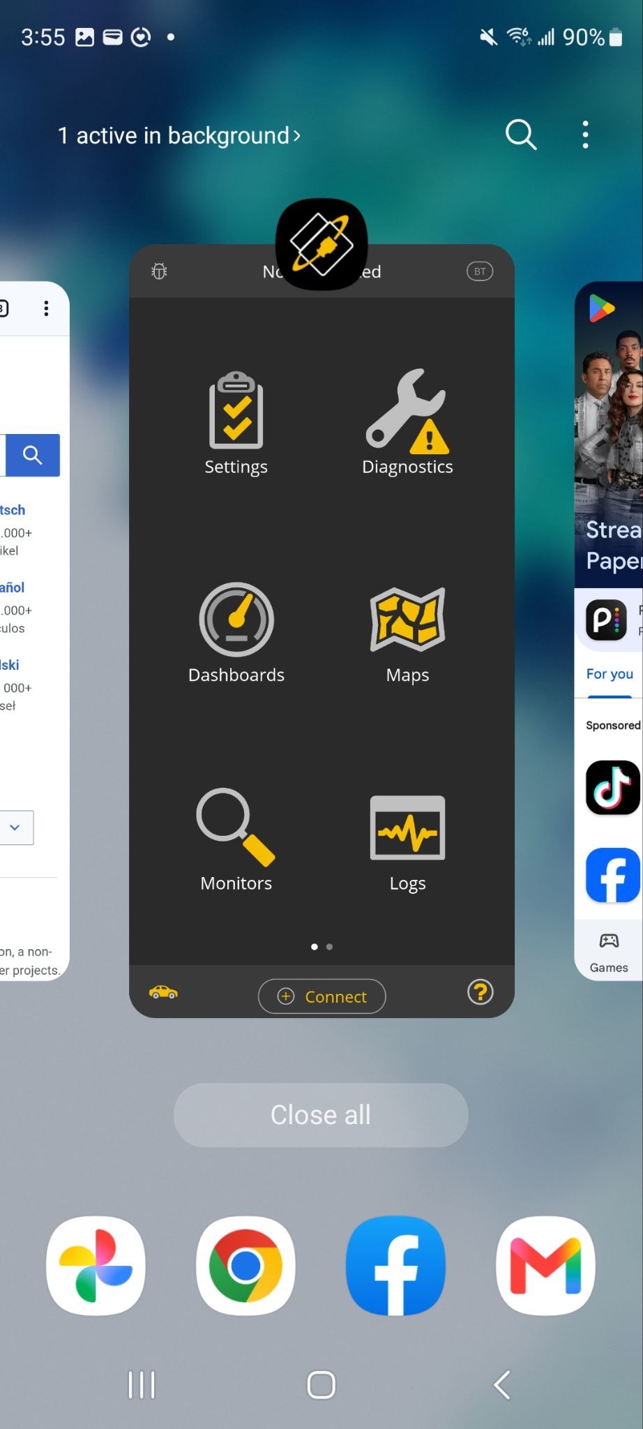 Android screen showing a recent apps view of 3 apps: Chrome, the OBDLink app, and Google Play store.